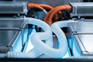 Flexible PTFE corrugated hose routed inside EV battery pack cooling system