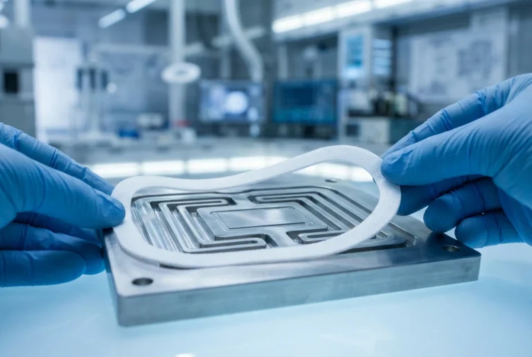 Close-up of white ePTFE gaskets for hydrogen fuel cells placed on a technical drawing of a stack assembly