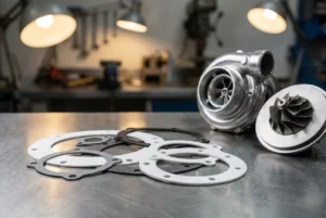 Custom PTFE Gaskets sitting on a workshop table ready for turbocharger installation