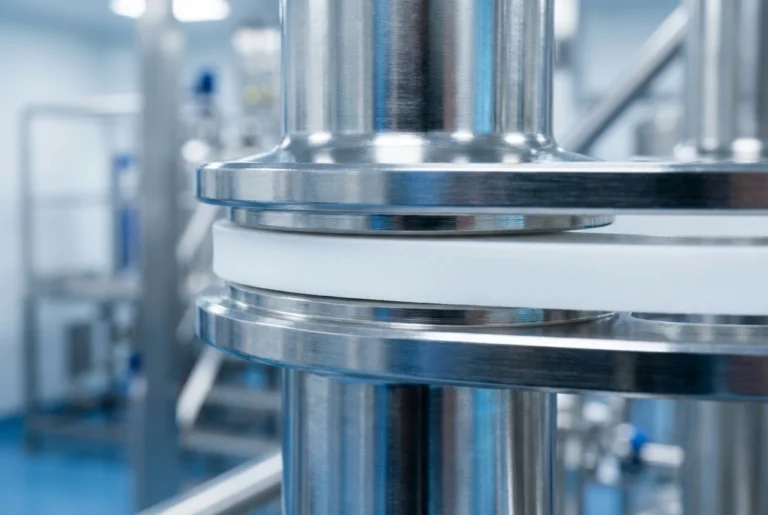 High-purity PTFE tri-clamp gaskets installed in a stainless steel pharmaceutical processing line