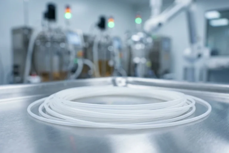 Close-up of high-precision tubing from a medical grade PTFE supplier manufactured in a sterile environment.