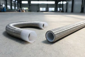 smooth bore vs corrugated PTFE hose real industrial comparison showing flexibility difference