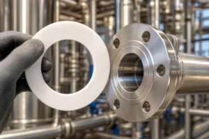 A professional chemical plant pipeline setup demonstrating the correct PTFE gasket thickness for secure flange sealing and leak prevention
