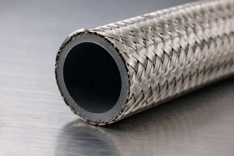 A macro cross-section view of a conductive PTFE hose showing the black carbon-filled inner lining and the outer stainless steel wire braid jacket